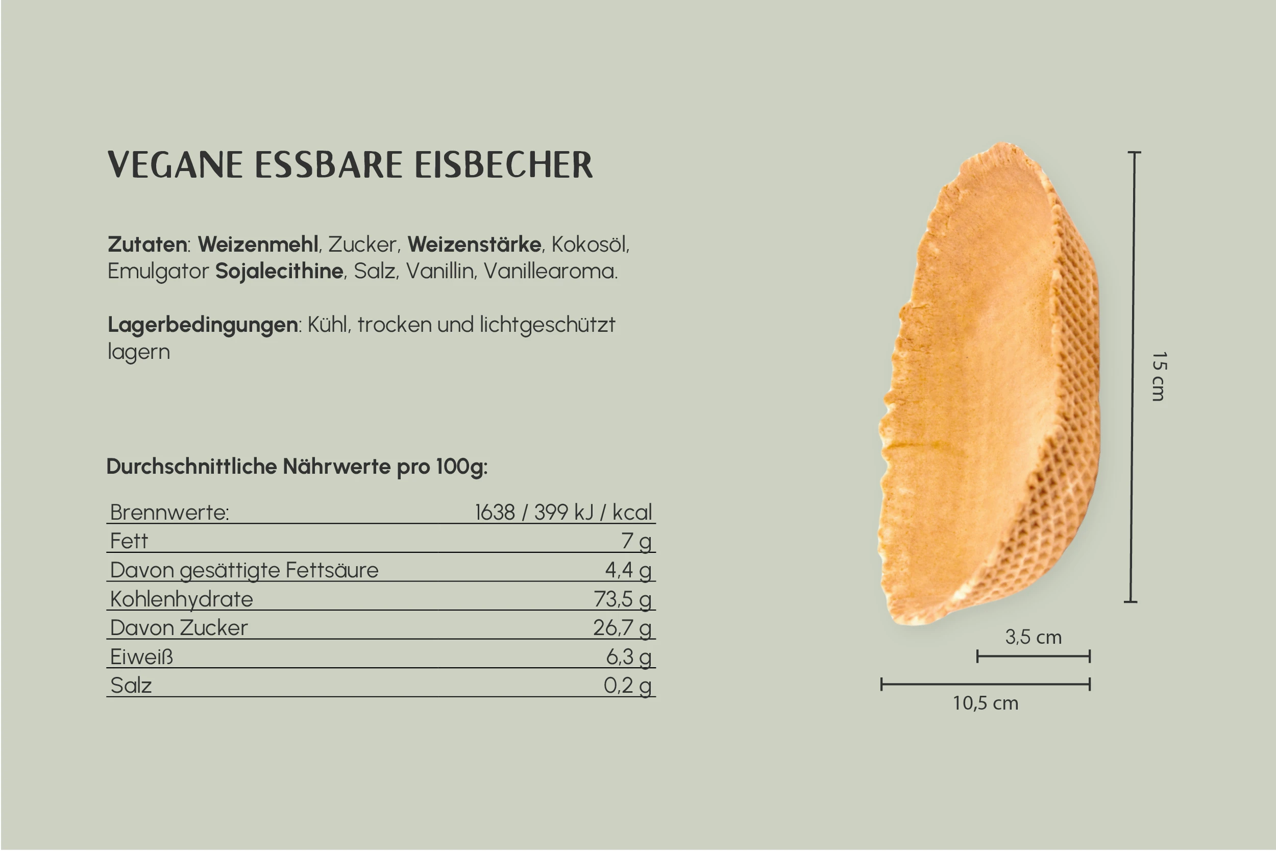 Vegane Waffelbecher, süß, oval, Ø oben 14,7 x Ø unten 5 x Höhe 3,5 cm, für 5-7 Kugeln, Kt. Nr. VEG 44 (180er Karton)
