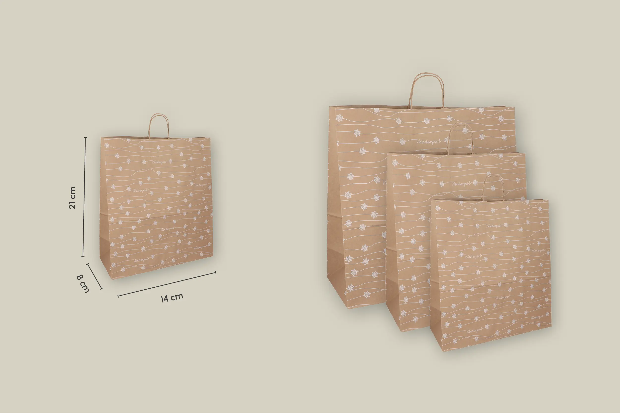 Papier-Tragetaschen, braun, 14x8x21cm, Winterzeit (400er Karton)