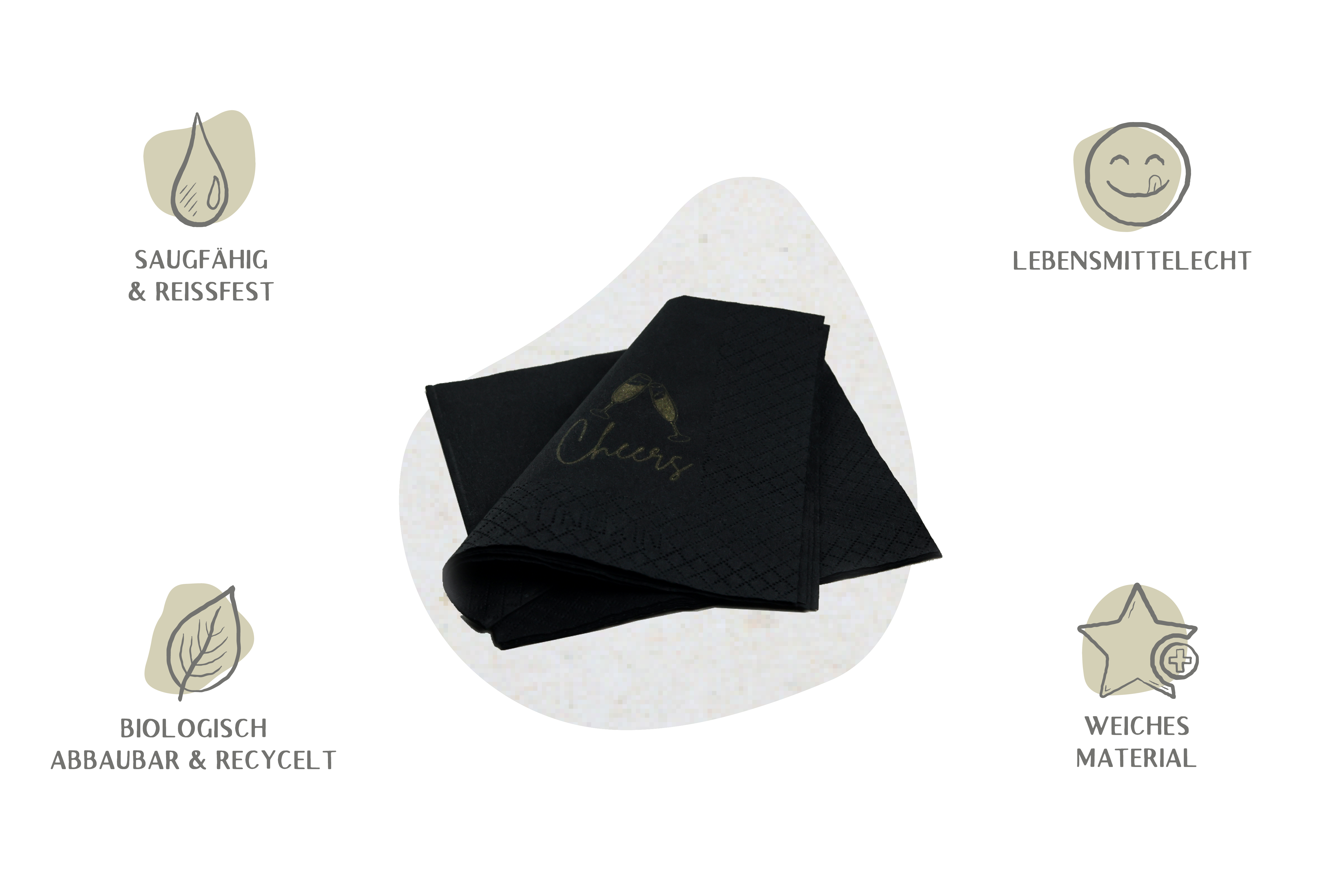 Serviette Schwarz, Cheers L 23 x B 23 cm, gefaltet: L 11,5 x B 11,5 cm, 2-lagig, 1/4-Falz (5.400er Karton)
