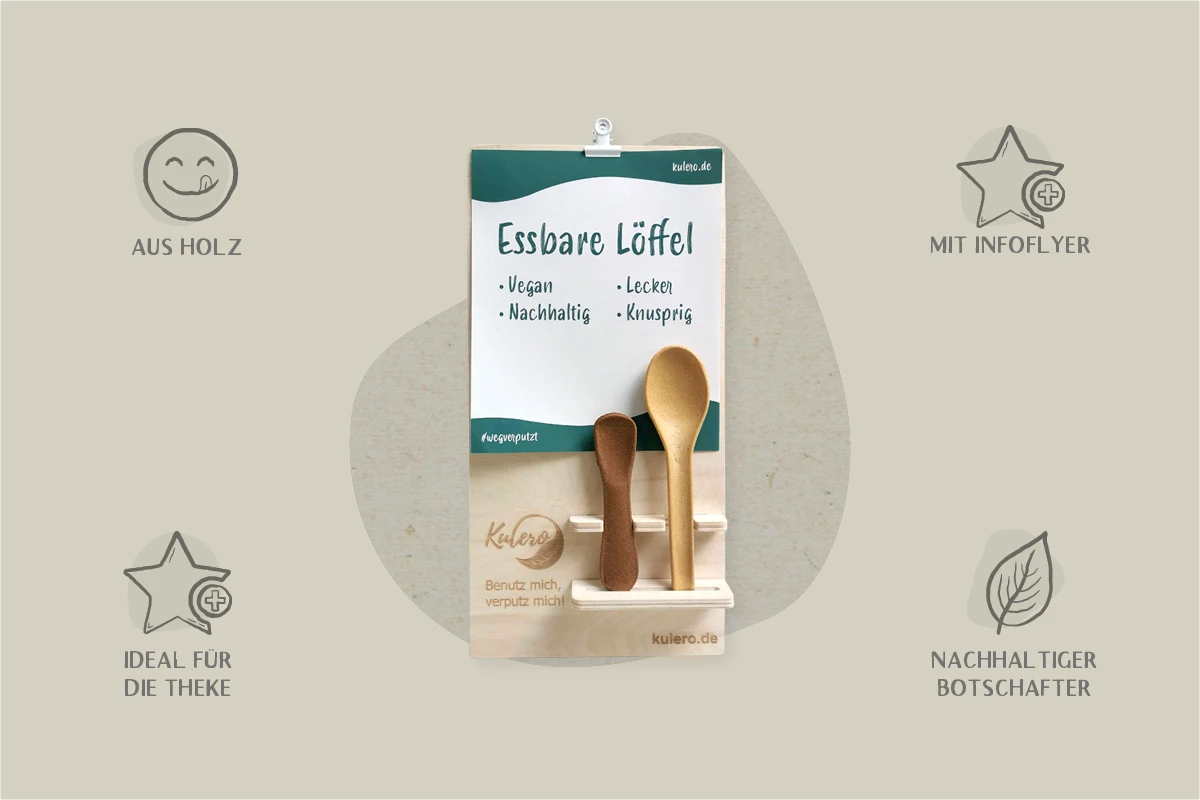 Holzdisplay mit Schild für essbare Löffel & Göffel