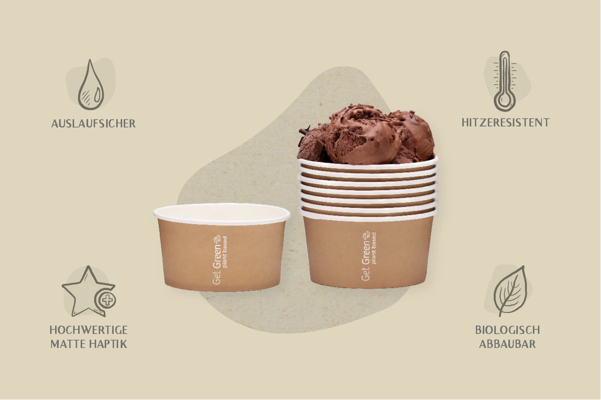 Papp-Eisbecher GET GREEN, braun, 400 ml, Ø oben 10,3 x Ø unten 8,5 x Höhe 5,7 cm, mit wasserbasierter Beschichtung, matt (1.000er Karton)
