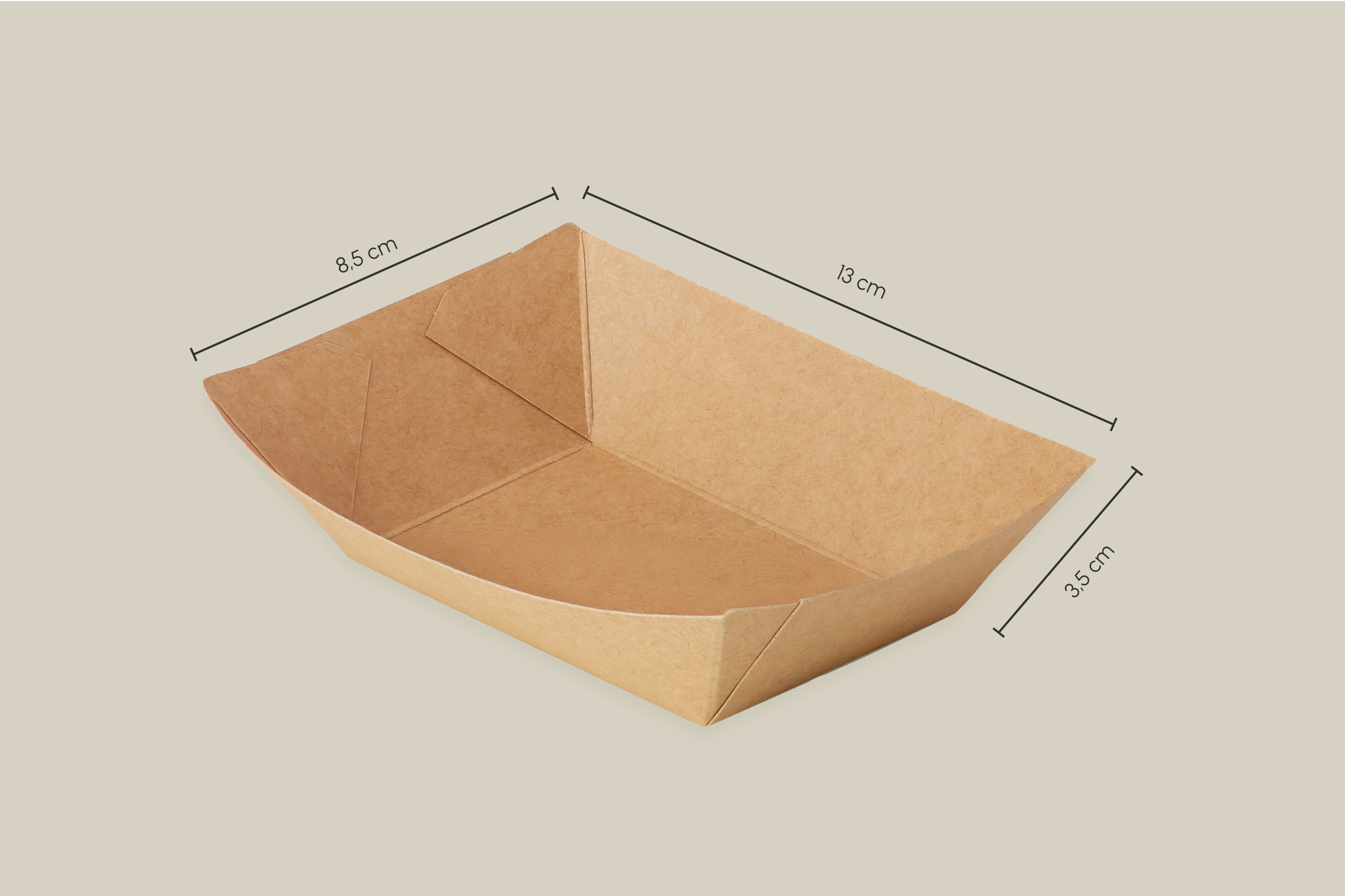 Papp-Snackschale, braun, 230 ml, oben L 13 x B 8,5 x H 3,5 cm/ unten L 8,2 x B 5,1 cm, matt (2.000er Karton)