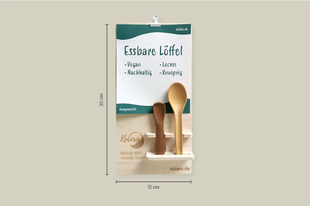 Holzdisplay mit Schild für essbare Löffel & Göffel