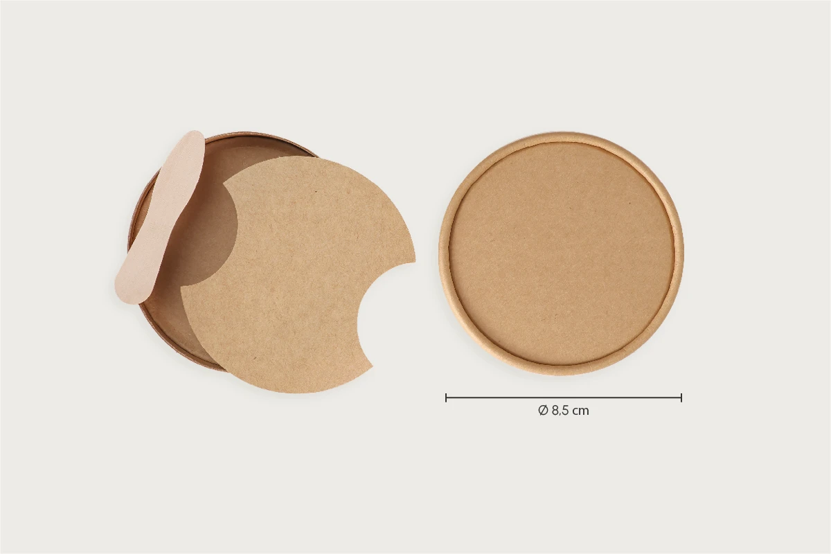 Papp-Deckel braun Ø 8,5 cm mit Holzlöffel, unbedruckt, beidseitige PE-Beschichtung (1000er Karton)