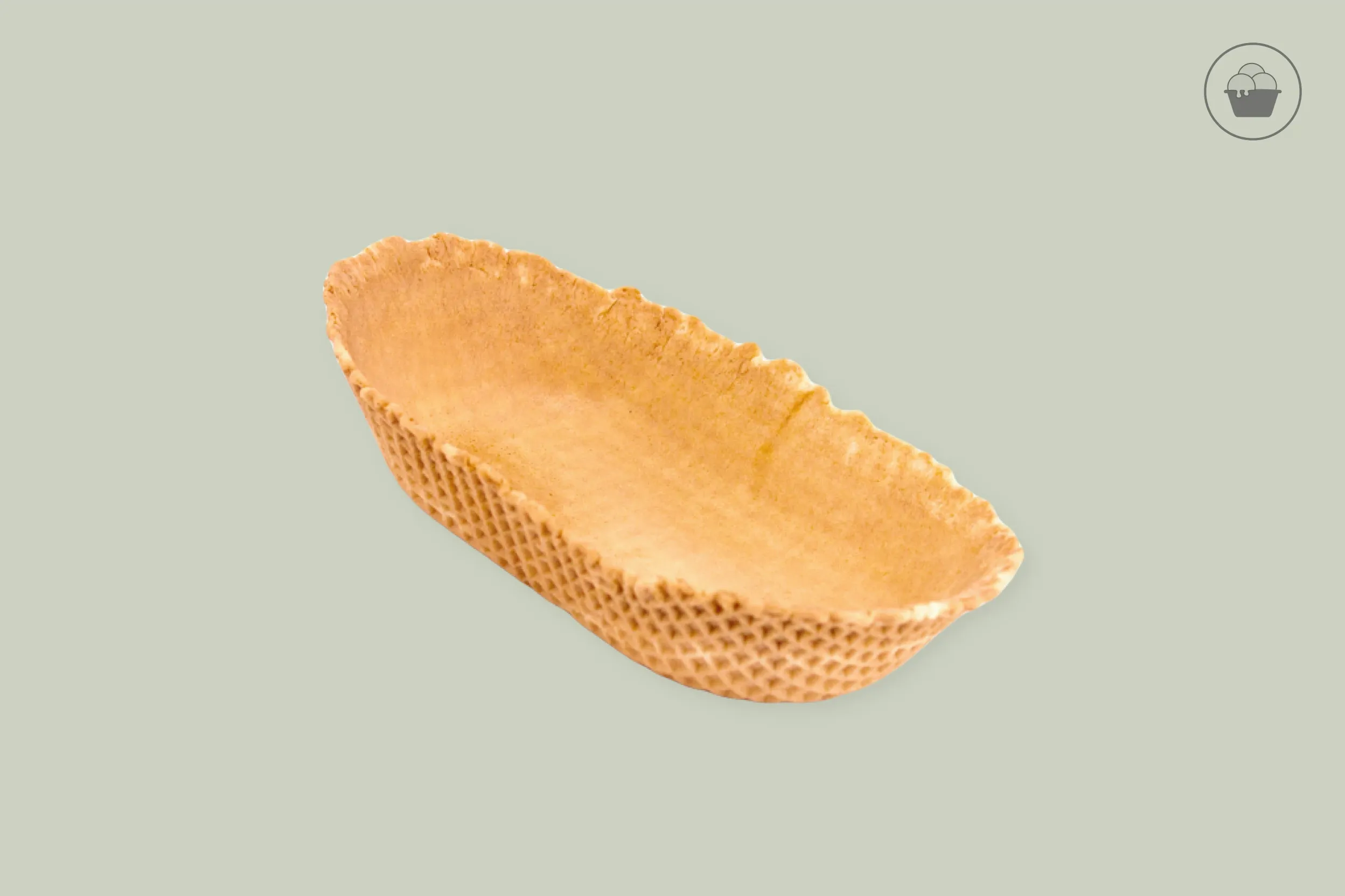 Vegane Waffelbecher, süß, oval, Ø oben 14,7 x Ø unten 5 x Höhe 3,5 cm, für 5-7 Kugeln, Kt. Nr. VEG 44 (180er Karton)