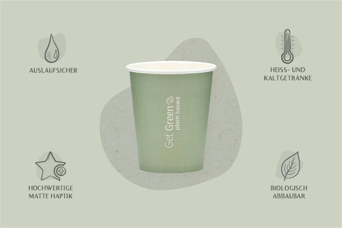 Papp-Trinkbecher GET GREEN, grün, 200 ml, Ø oben 8 x Ø unten 5,6 x Höhe 9,2 cm, mit wasserbasierter Beschichtung, 1-wandig, matt (1.000er Karton)