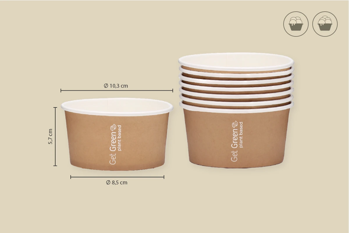 Papp-Eisbecher GET GREEN, braun, 400 ml, Ø oben 10,3 x Ø unten 8,5 x Höhe 5,7 cm, mit wasserbasierter Beschichtung, matt (1.000er Karton)