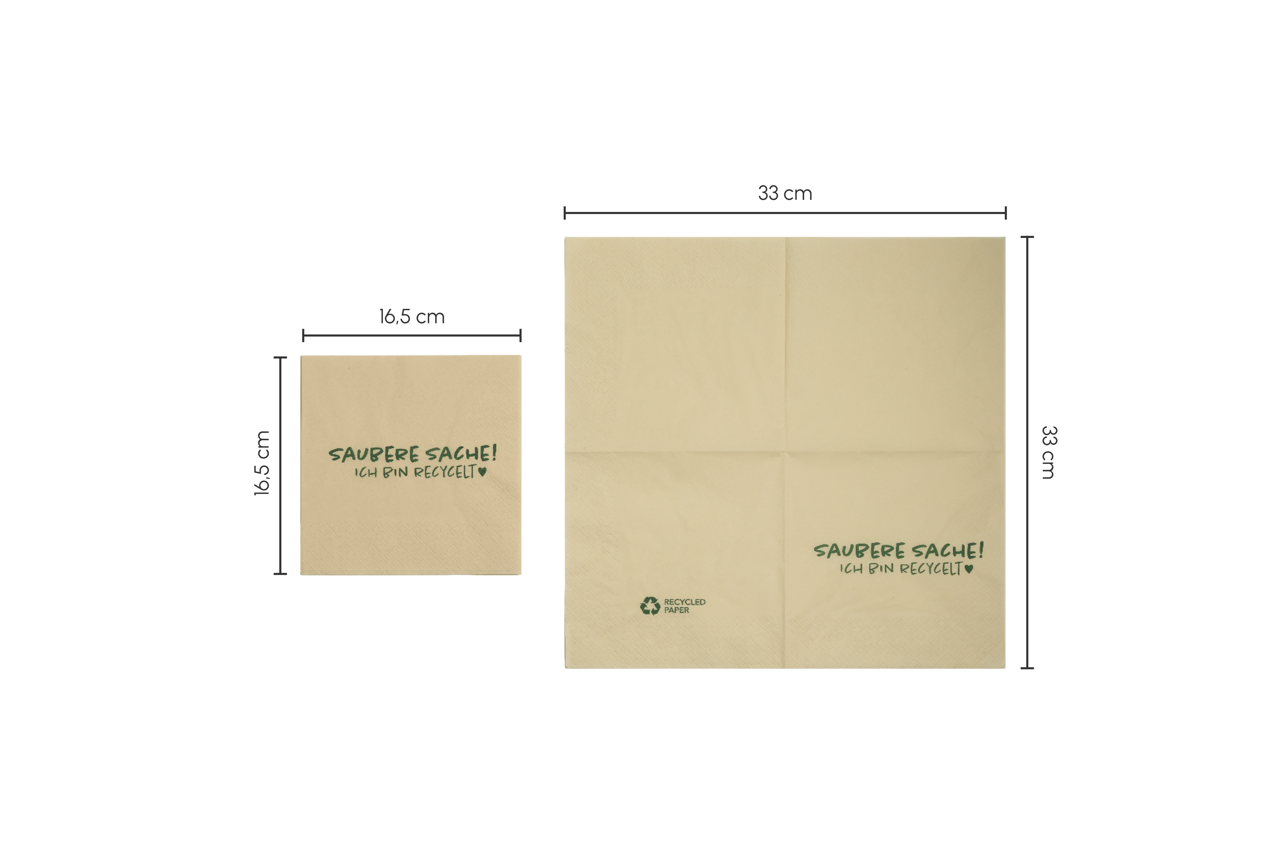 Serviette SAUBERE SACHE, beige, L 33 x B 33 cm, gefaltet: L 16,5 x B 16,5 cm, 2-lagig, 1/4-Falz, weich und saugfähig (2.400er Karton)