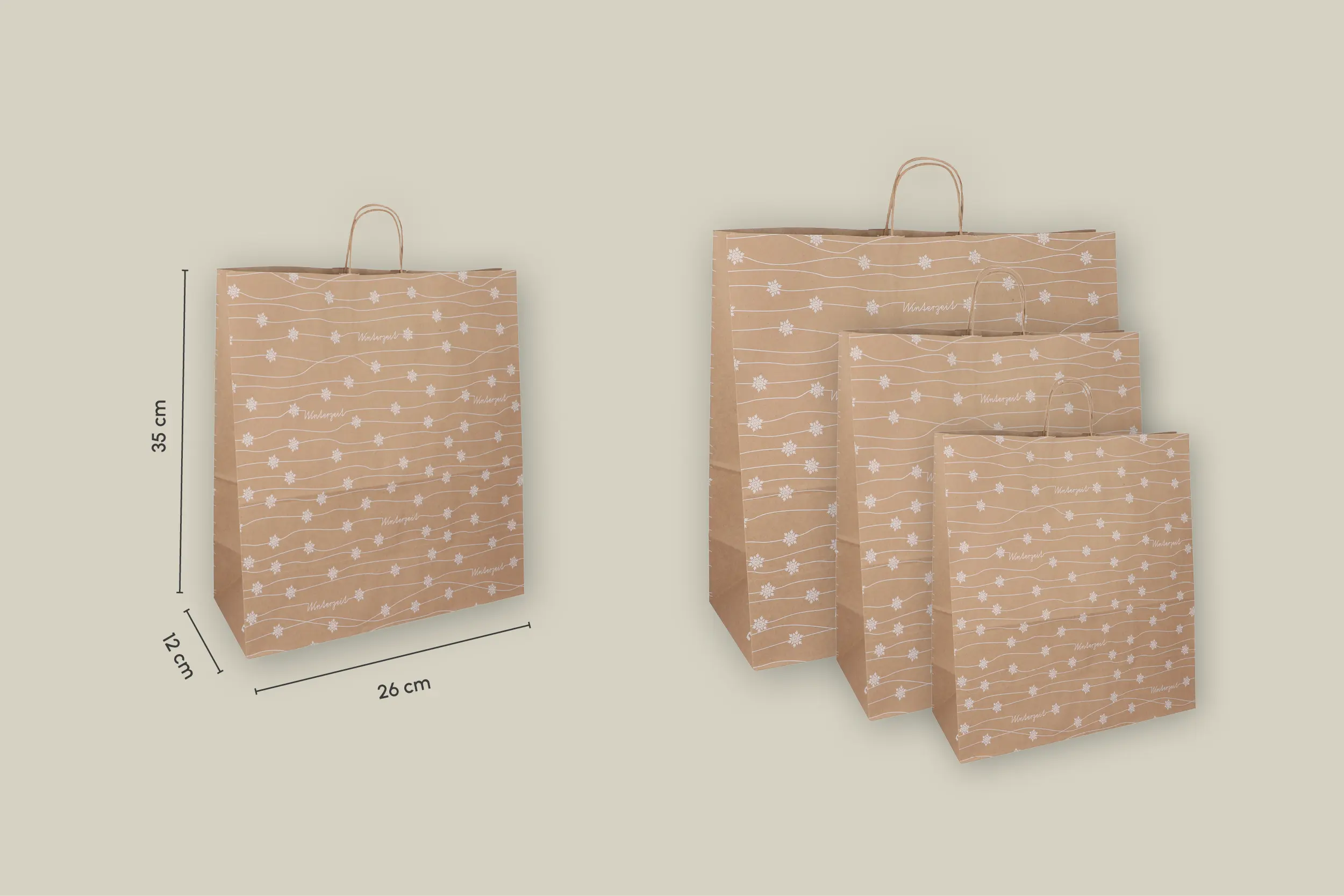 Papier-Tragetaschen, braun, 26+12x35cm, Winterzeit (250er Karton)
