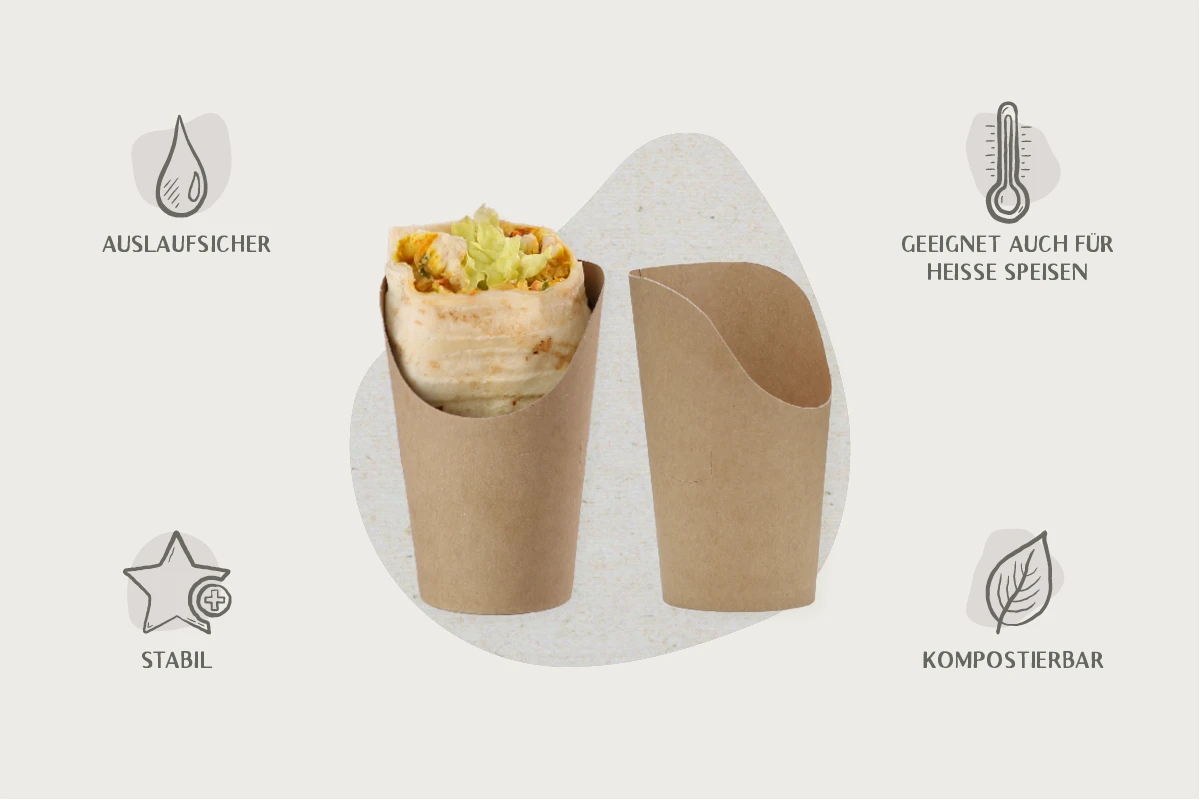 Wrap-Becher, braun, 12oz, Ø 6 cm × Höhe vorne 6,3 / hinten 12 cm, unbedruckt (1.000er Karton)