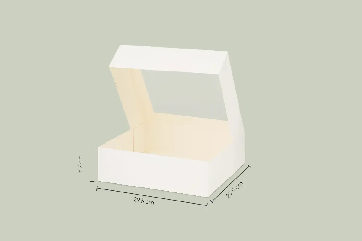 Papp-Tortenkarton mit Sichtfenster, weiß, L 29,5 x B 29,5 x H 8,7 cm (Sichtfenstergröße: L 22,7 x B 21,5 cm) (192er Karton)